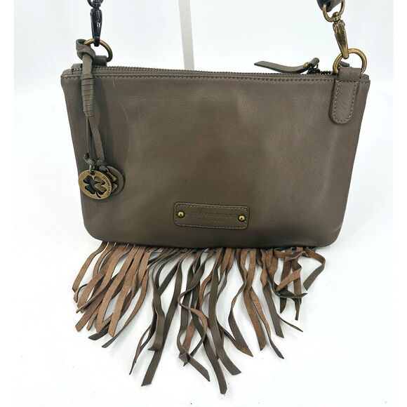 Lucky Brand Leather Fringe Crossbody Bag Gray Western Hippie Boho 3 Section - Picture 1 of 12